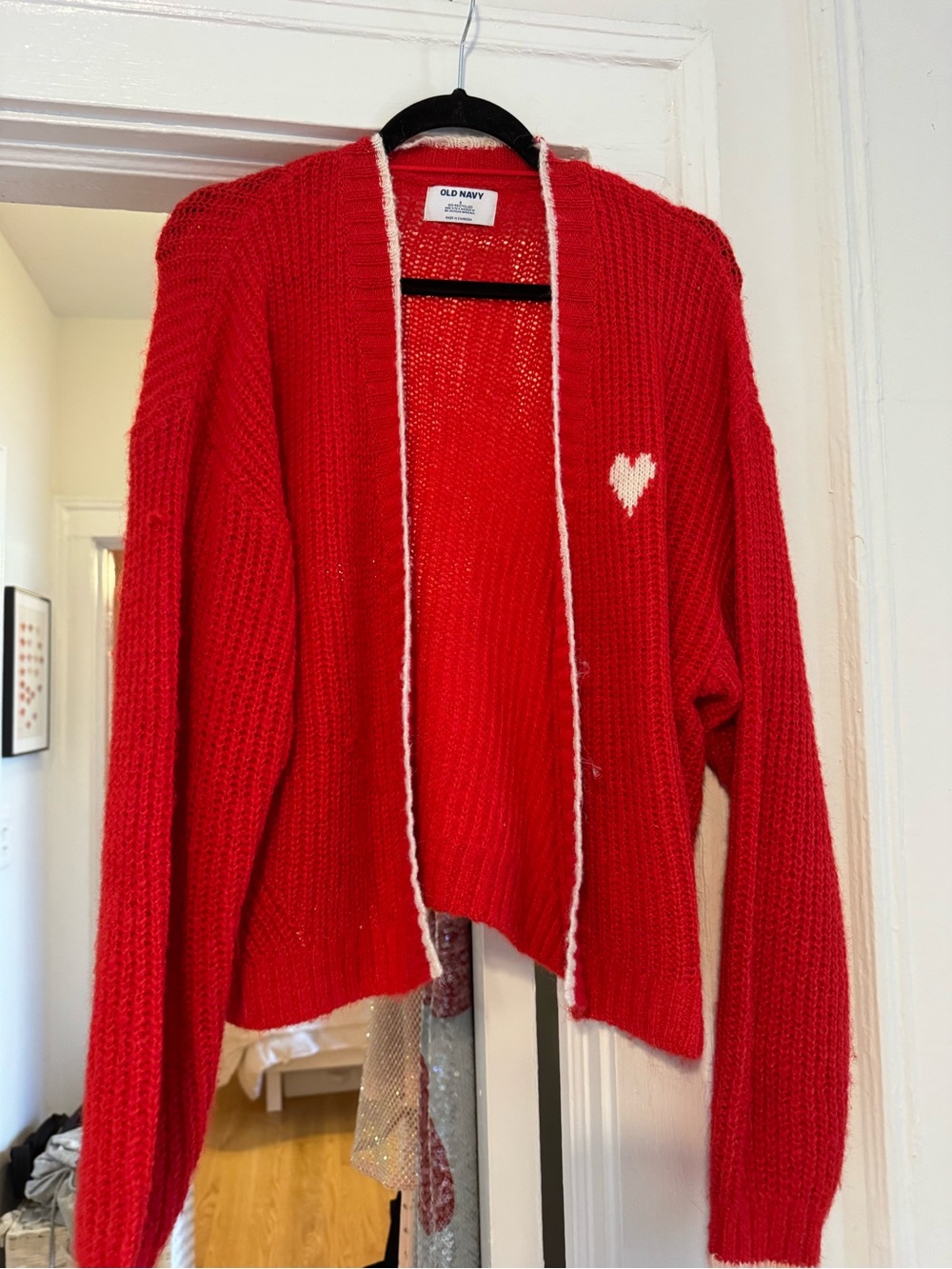 Old Navy Red Open-Front Cardigan with White Heart Accent